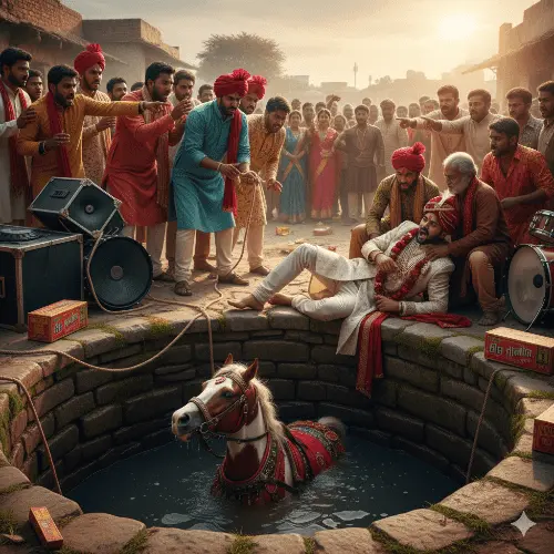 बारात के दौरान कोहराम: DJ के शोर से बेकाबू हुई घोड़ी दूल्हे को लेकर कुएं में जा गिरी, बाल-बाल बचे ‘राजा बाबू’